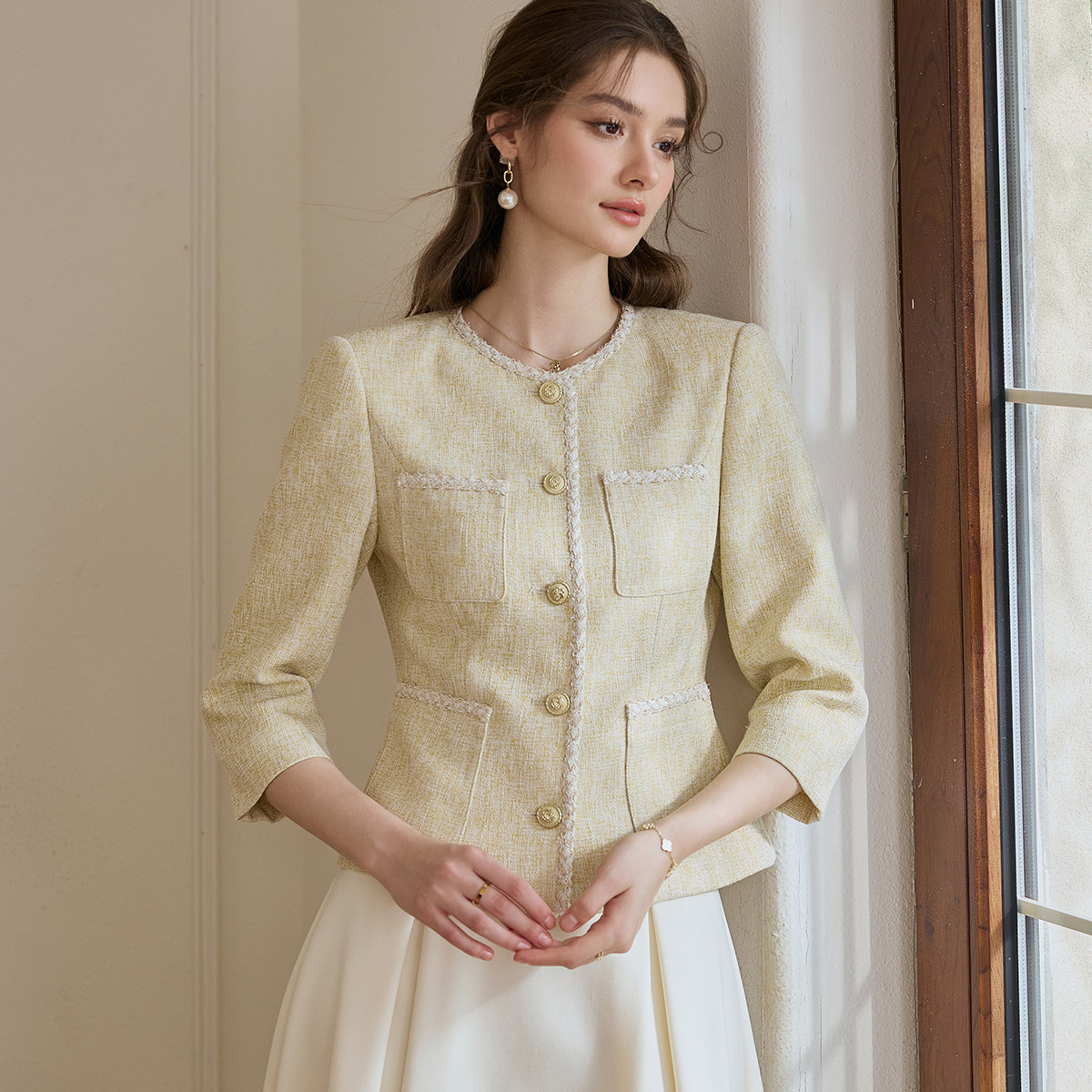 罗衣法式小香风肌理感外套女冬季浅黄色修身气质短款上衣11601,淘宝优惠券,粉丝福利购,淘宝优惠卷