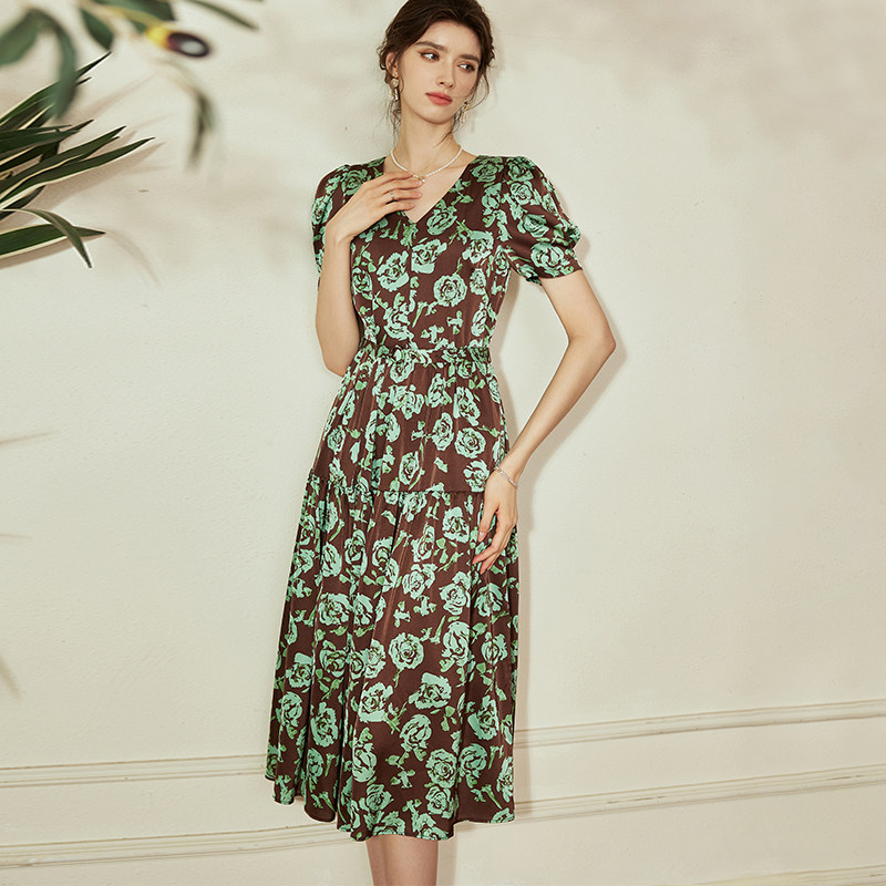 罗衣复古印花缎面连衣裙2025夏装新款气质大摆泡泡袖中长裙08508,淘宝优惠券,粉丝福利购,淘宝优惠卷