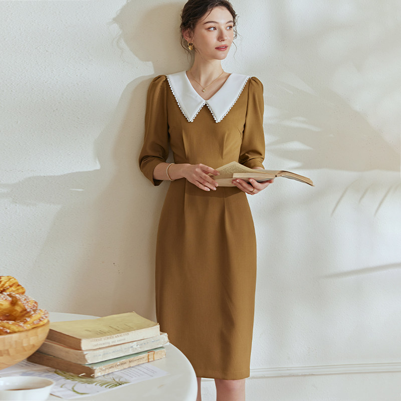 罗衣法式泡泡袖系带连衣裙女春简单大方娃娃领修身纯色裙子08234,淘宝优惠券,粉丝福利购,淘宝优惠卷