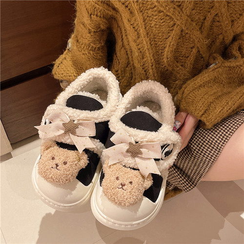 可爱少女心蝴蝶结小熊棉鞋女2024冬季新款外穿厚底家居保暖雪地靴 - 图0
