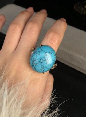 高级设计感镀真金绿松石宝石镶嵌戒指优雅气质百搭指环复古风首饰