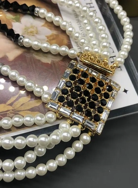 中古vintage饰品多层珍珠项链经典百搭黑白撞色设计镶钻毛衣链女