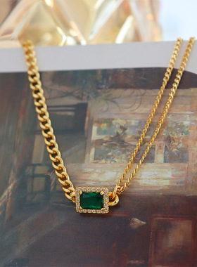 欧美复古时尚个性方形绿色锆石项链女百搭感轻奢简约小众颈链