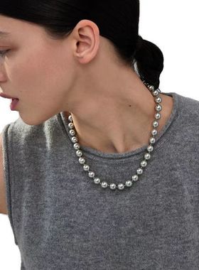 新款高级感复古灰色珍珠长项链小众设计手工串珠时尚气质毛衣链女