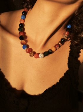 浪漫宇宙春夏新款天然彩色玛瑙虎眼石串珠项链度假风锁骨链