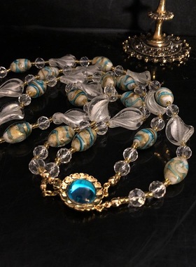 白色不规则琉璃珠长款项链同款铜耳勾耳环套装中古西洋风毛衣链女