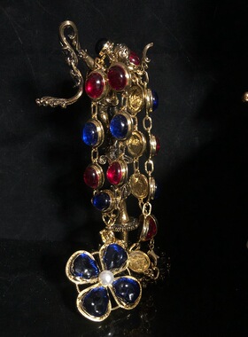 中古vintage饰品镀真金彩色琉璃吊坠项链优雅气质百搭毛衣链