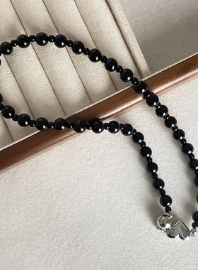 夏季新款黑色串珠金属爱心项链小众轻奢ins嘻哈配饰不掉色锁骨链