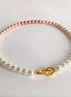 夏季复古新款渐变粉色施家珍珠项链女式串珠法式小众感锁骨链女