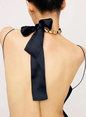 欧美冷淡风金属圆球项链复古法式绑带锁骨链时尚小众设计感项链