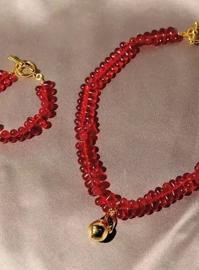 西西里烈焰红琉璃锁骨链蓝色串珠吊坠项链小众设计简约时尚项