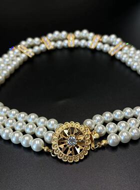 中古琉璃镶水钻多排仿珍珠项链欧美夸张大气短款气质锁骨链颈链饰