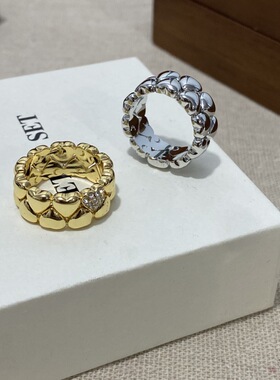 芳伶同款爱心戒指新中式中古镀金镶钻双层叠拼小众桃心指环女