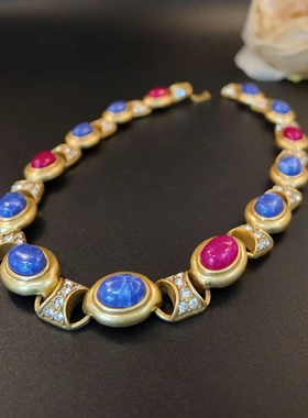 高级感玫红色椭圆天然石蓝色石头镶钻扣项链女复古时尚饰品