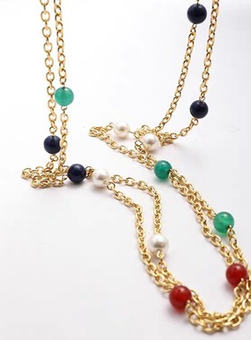 vintage中古红绿蓝彩色豆豆宝石长款项链多层叠戴宝石复古腰链长