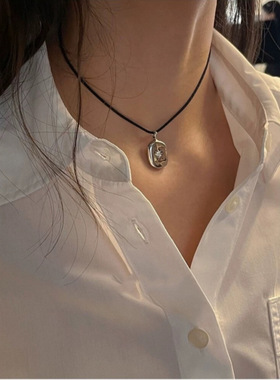 韩国小众设计师品牌同款八芒星方形吊坠项链简约可调节许愿石绳链