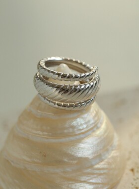 线条螺纹宽版925银戒指女经典个性冷淡百搭简约中性风戒指
