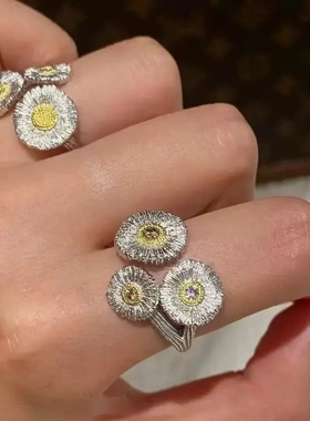 意大利手工拉丝小雏菊戒指欧美复古宫廷风时尚高级感开口叠戴指环