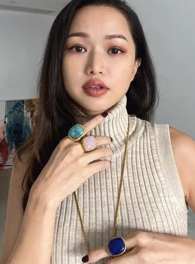 法式中古 FOWO新款粉水晶镶嵌感vintage做旧夸张麻花戒指指环