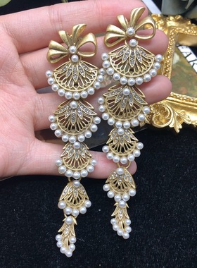 vintage复古饰品素金做旧款项链镂空耳坠镶珍珠颈链耳环百搭套装