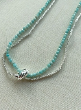 春夏款天河石蓝色串珠项链双层缠绕轻奢小众设计高级感时尚百搭锁