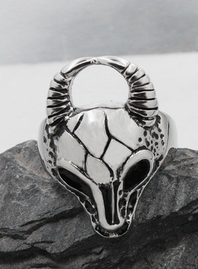 时尚钛钢男款戒指  欧美羊头羊角朋克风骷髅头钛钢戒指指环