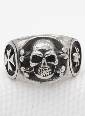 时尚钛钢男款戒指 欧美个性复古十字交叉骨头骷髅头钛钢戒指指环