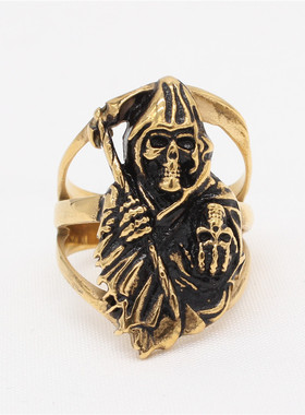 时尚钛钢男款戒指 欧美个性复古镰刀骷髅头钛钢戒指指环