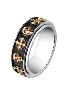 时尚钛钢男款戒指 欧美朋克骷髅十字架转动钛钢戒指潮男指环