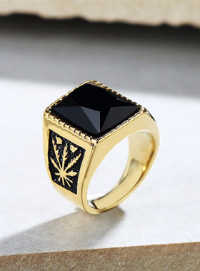 时尚钛钢男款戒指 个性复古枫叶宝石指环 男式钛钢戒指指环