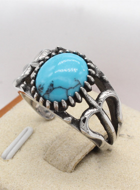 时尚钛钢男款戒指 欧美个性复古船锚圆形蓝松石开口钛钢戒指指环