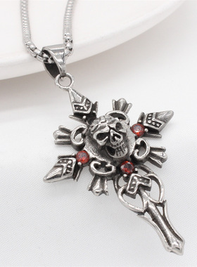 时尚钛钢项链 欧美复古镶红钻十字架骷髅吊坠 男女通用款钛钢项链