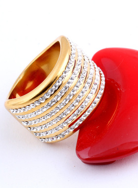 时尚钛钢戒指 欧美时尚6排钻镶钻食指戒 简约百搭钛钢戒指指环