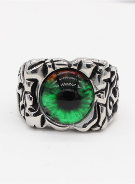 时尚钛钢男式戒指  欧美个性恶魔之眼复古绿色眼睛钛钢戒指指环