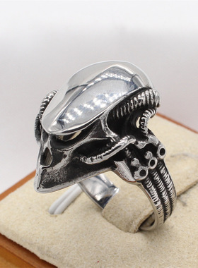 时尚钛钢男款戒指 欧美个性复古外星人头骨钛钢戒指指环