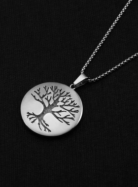 时尚风钛钢生命树圆牌项链吊坠