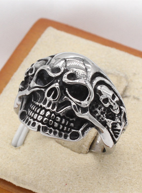 时尚钛钢男款戒指 欧美复古立体骷髅头骷髅骨架钛钢戒指指环