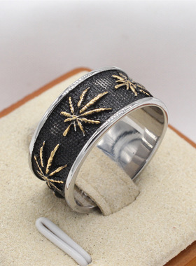 时尚钛钢男款戒指 欧美个性树叶戒指 复古枫叶钛钢戒指指环