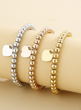 时尚钛钢手链 串珠子链桃心伸缩手链 钛钢可调节桃心心形钛钢手链