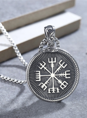 复古北欧维京风钛钢圆牌吊坠项链
