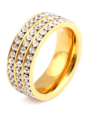 时尚钛钢戒指 欧美时尚3排镶钻8MM简约百搭钛钢戒指指环