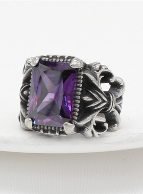 朋克风红宝石男士十字架钛钢戒指