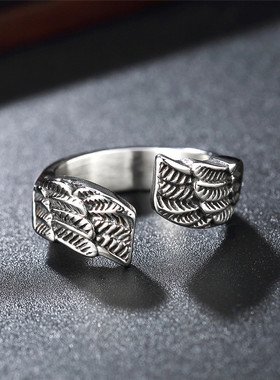 朋克风羽毛天使翅膀男士钛钢戒指
