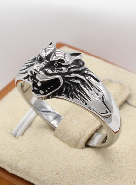 时尚钛钢男款戒指 欧美个性复古立体狼头草原狼钛钢戒指指环
