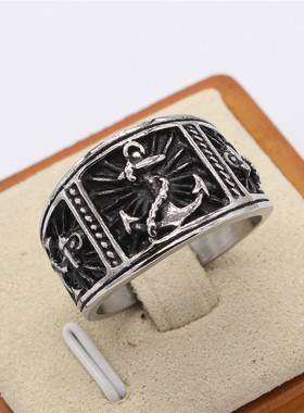 时尚钛钢男款戒指 欧美复古花纹船锚宽版钛钢戒指指环