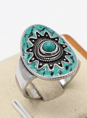 时尚钛钢男女戒指 时尚欧美复古波西米亚风椭圆钛钢戒指指环