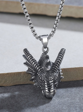 时尚钛钢项链 个性复古龙头 生肖龙吊坠立体龙头男款钛钢项链