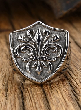 时尚钛钢戒指 欧美哥特风 朋克十字花钛钢戒指 盾牌戒指指环