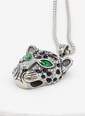 时尚钛钢项链  欧美朋克复古镶钻老虎头霸气吊坠男士钛钢项链