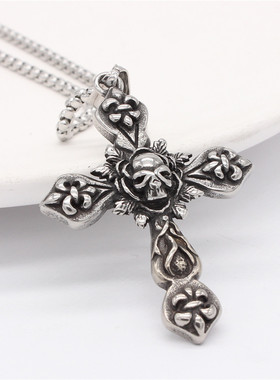 时尚钛钢项链  欧美个性复古骷髅头玫瑰花十字架钛钢吊坠钛钢项链